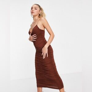 ASOS Women's Brown Cami Strappy Sexy Midi Ruched Detail Bodycon Party Dress Sz 2